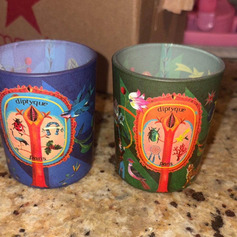 2 Empty Diptyque Colorful Candle Holders - Blue and Green Holiday edition